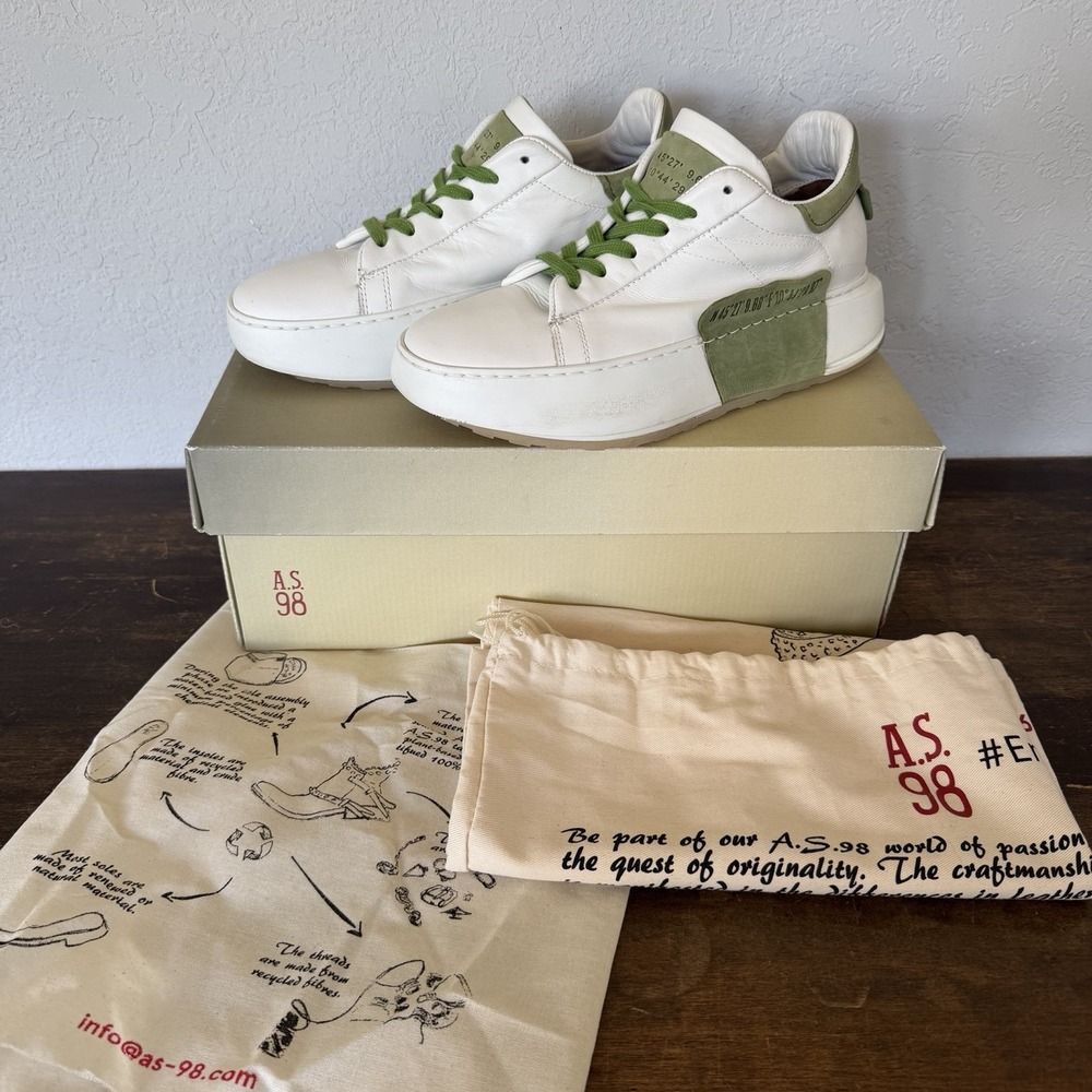 AS98 Hannie Leather Platform Sneaker White Aloe Green Box Dust Bags EU 38 US 8